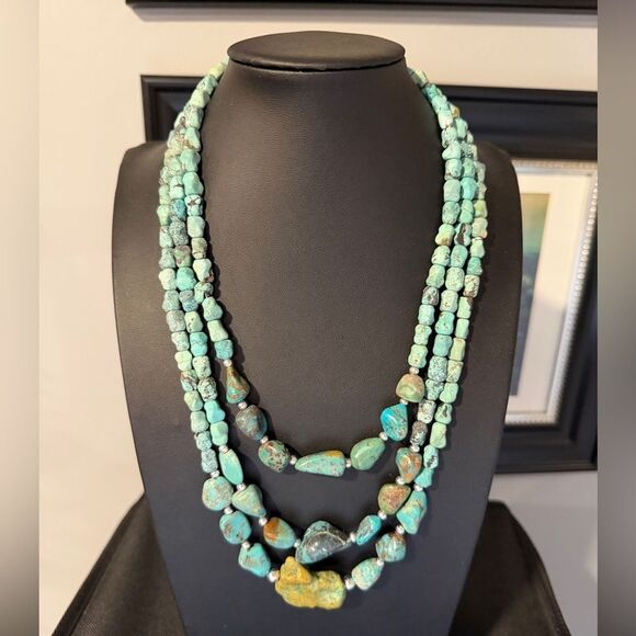 18"-22" Three strands of turquoise and 925 beaded necklace w/ VTG TAXCO clasp! - Picture 11 of 11